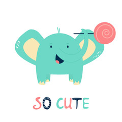 Funny little elephant with stick candy. Vector illustration