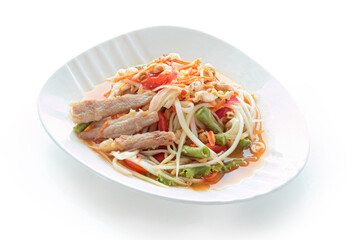 Grilled Pork Salad Thai food served Tradition northeast food Isaan delicious with fresh vegetables - Hot and Spicy Slice grilled pork menu Asian food isolated on white background. With clipping path..