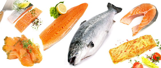 Whole Salmon, Raw Fish Fillet and Smoked Salmon isolated  on white Background