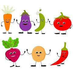 Set of different cute happy vegetable characters. Vector flat illustration isolated on white background. 