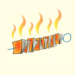 strings of books that are cooked on a barbecue stick