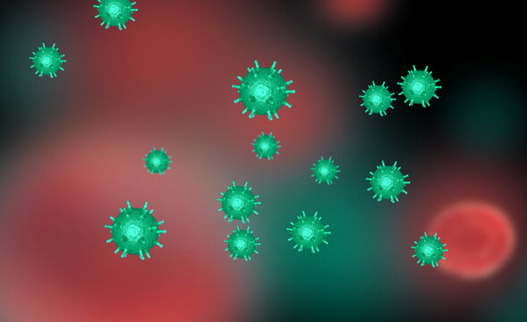 Illustration of virus cells or bacteria molecule under microscope. Abstract 3d illustration corona virus cells.Pathogen respiratory influenza. Flying Covid virus cells