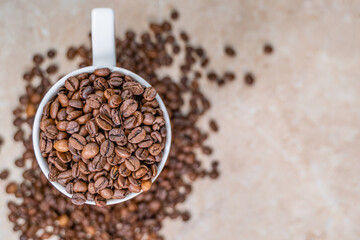a white cup filled with roasted cinnamon coffee beans standing on brown marble surrounded by coffee beans