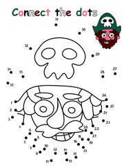 Connect the dots and coloring page. Funny educational game for kids. Learn numbers and counting game. Perfect for preschool children book and home printing. Pirate adventure stock vector illustration.