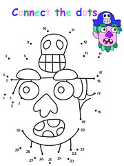 Amusing dot to dot educational pirate game. Connect the dots with numbers cartoon pirate head with greenish hair, big nose and skull hat. Kindergarten drawing activity worksheet with funny character.