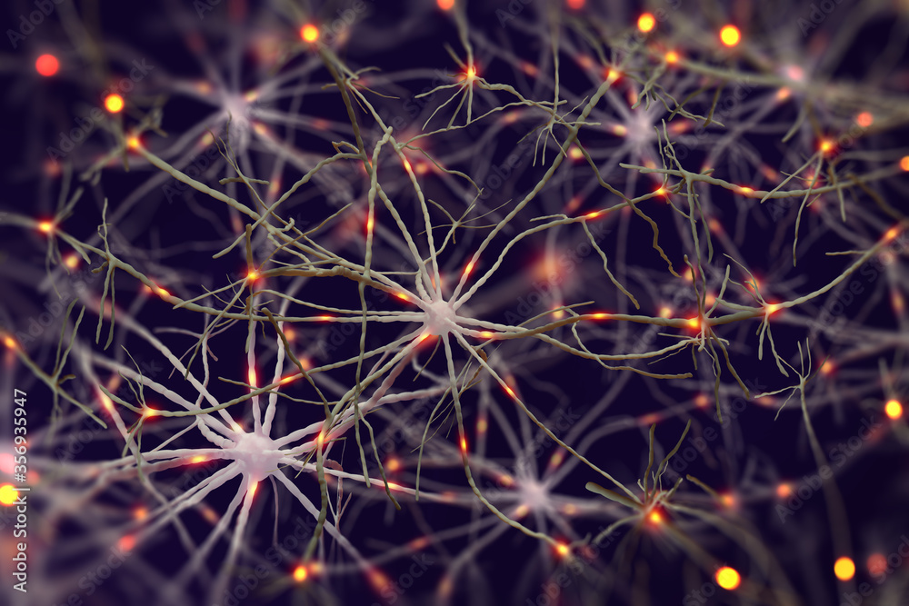 Poster brain under microscope 3d illustration. neural connections, neural network, electrical impulses in b