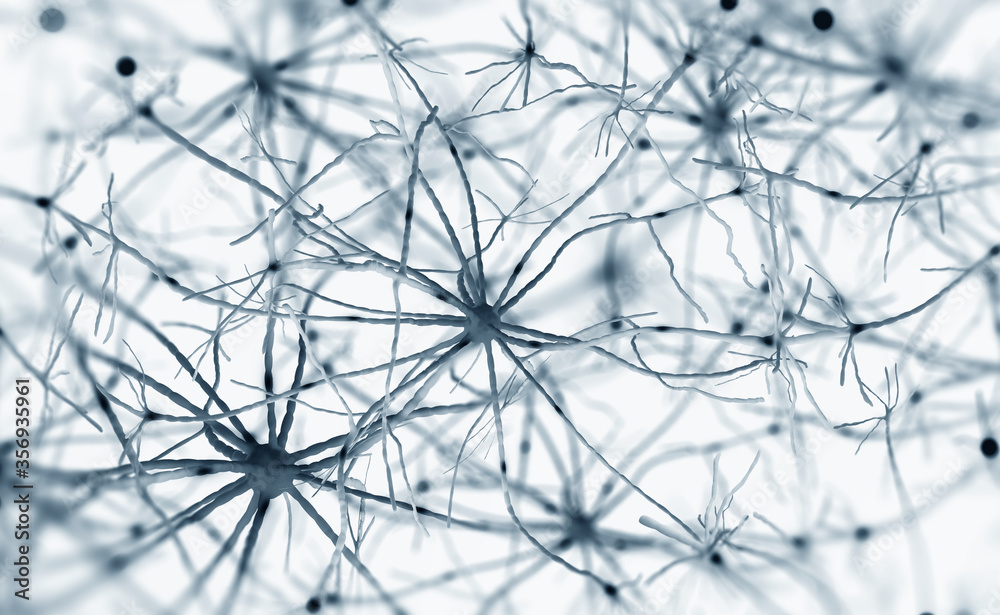 Poster brain under microscope 3d illustration. neural connections, neural network, electrical impulses in b