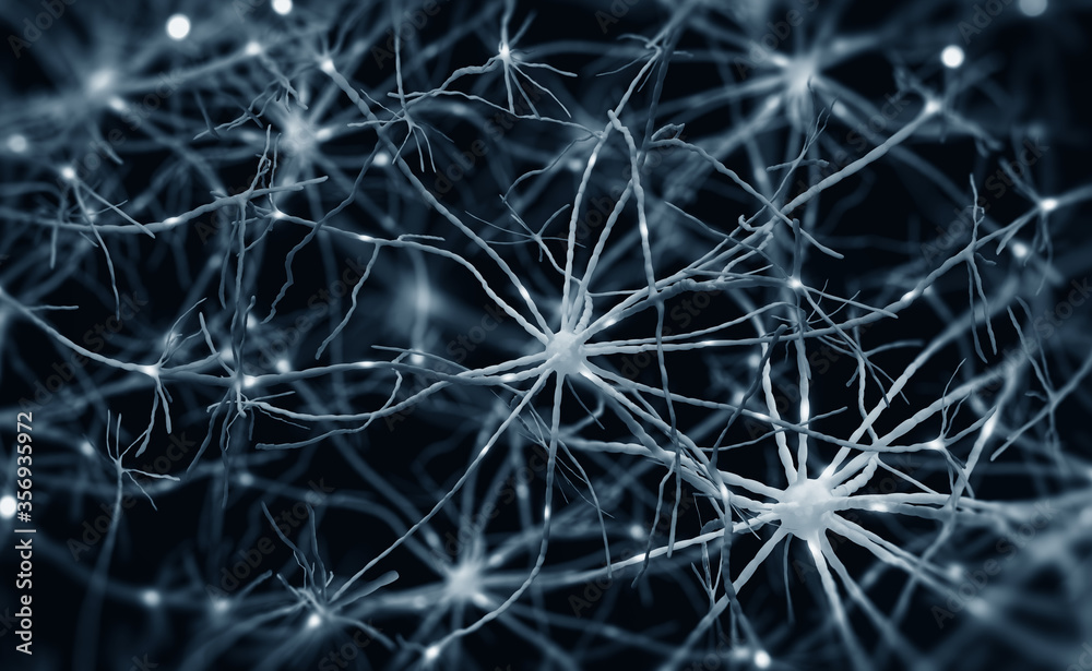 Poster brain under microscope 3d illustration. neural connections, neural network, electrical impulses in b