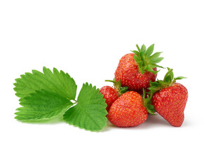ripe red juicy strawberries and green leaf isolated on a white background
