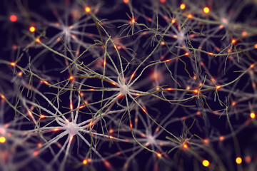 Brain under microscope 3D illustration. Neural connections, neural network, electrical impulses in brain