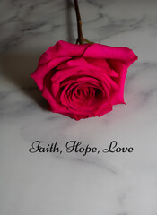 Vibrant fuchsia single stem rose on a white marble background, with the words Faith, Hope, and Love, 