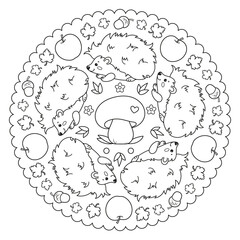 Coloring page mandala with hedgehog, apple, mushroom, leaves and acorns. 