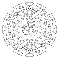 Coloring page mandala with cat and birds. 