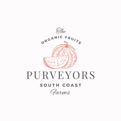 Watermelon South Farm Abstract Vector Sign, Symbol or Logo Template. Hand Drawn Sketch Fruit with a Slice and Premium Modern Typography. Luxury Food Emblem.