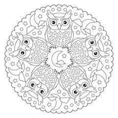 Coloring page mandala with owl, moon, stars, clouds. 