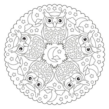 Coloring page mandala with owl, moon, stars, clouds. 