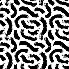 Brushstroke bold smudge. Brush seamless pattern. Freehand scribbles texture. Abstract grunge swirl background. White and black waves tile. Handdrawn paint wave. Rough random lines. Uneven stroke wavy