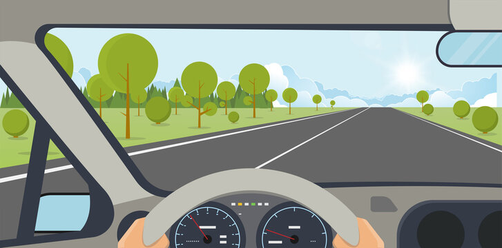 Car interior. Modern car interior with steering wheel and hands. Highway to hill, with rising sun and clouds on background. Speedometer and safe journey vector illustration. Ray of lights and nature.