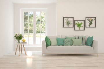 White living room with sofa and summer landscape in window. Scandinavian interior design. 3D illustration