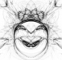 Caricature of a smiling fat woman wearing a tiara or crown (could be a bride or a queen). Fractal in black and white.