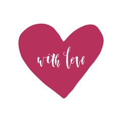 Red hand drawn heart with love text. Ink brush drawn design element for love story, greeting card, invitation, wedding, St. Valentine day.