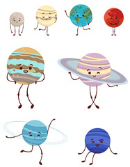Planets of the solar system. Space characters in cartoon style.