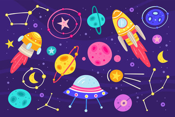 Big space vector flat illustration, set of elements, stickers, icons. Isolated on background. Rocket, alien spaceship, planet, star, moon, asteroid, meteor, constellation, space probe, galaxy, science