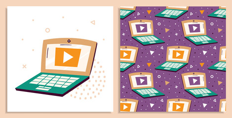 Laptop on violet background with triangles. Blogger items. Making video in studio. Media content production. Podcast, stream, channel. Flat vector seamless pattern, texture, backdrop. Card making.