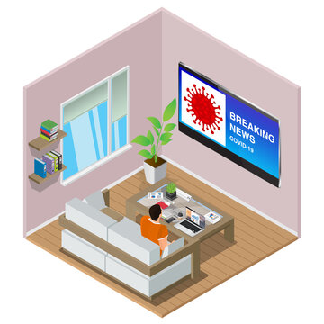 Analyst Working At Home. Person Isolated At Home Office. Remote Work Of Isometric Illustration.