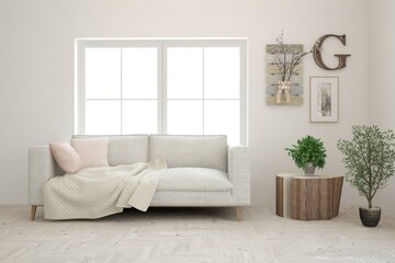 White living room with sofa. Scandinavian interior design. 3D illustration