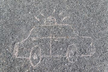 Top view of police and ambulance car on asphalt, painting with color chalks