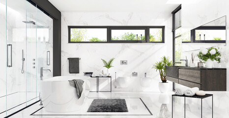 Large white bathroom with bath and shower	
