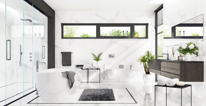 Large White Bathroom With Bath And Shower	