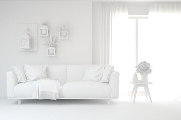 White minimalist living room with sofa. Scandinavian interior design. 3D illustration