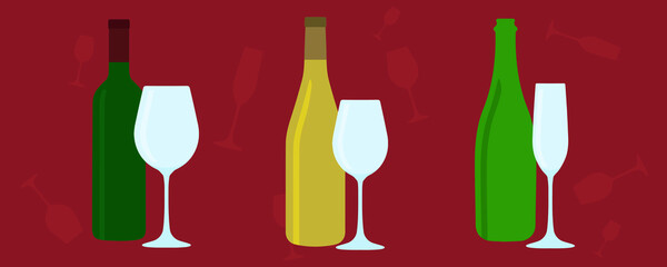 Set of different wine bottles and glasses. Serving wine. Simple isolated flat vector illustration in pastel colors for your design.