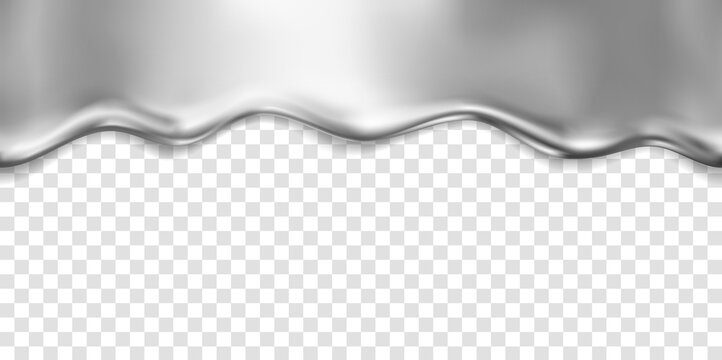 Silver foil drip pattern isolated on transparent background. Chrome, steel, metal flow texture. Vector glossy gradient liquid border template.