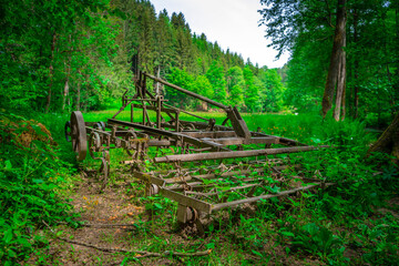 Fototapeta premium Alte benutzte und rostige Egge am Rand einer Waldlichtung im bayerischen Wald