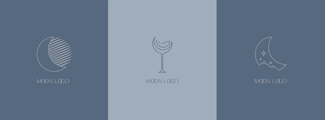 Delicate linear logos depicting the moon. Vector illustration in gentle colors of a logo for a female business. mental health and psychology, beauty, self-care, health, aculism, mysterious signs.
