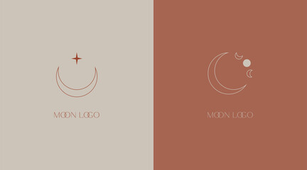 Delicate linear logos depicting the moon. Vector illustration in gentle colors of a logo for a female business. mental health and psychology, beauty, self-care, health, aculism, mysterious signs.