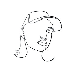 Linear glamour logo in minimal style of girl in baseball cap. Sportswear. Headdress in sporty style. Beautiful simple portrait of female face. One continuous line. Design for fashion shop, stylist. 