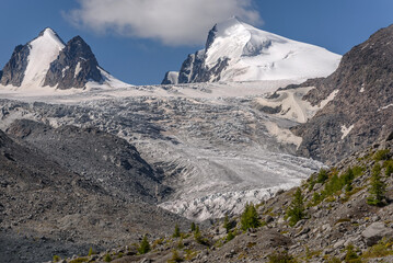 glacier mountains ice snow trees summer cloud