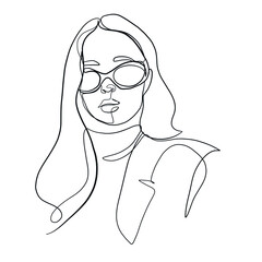Stylish one continuous line woman in sunglasses. Fashionable typography girl in minimalist style. Beauty sign. Attractive fashion model. Summer fashion.