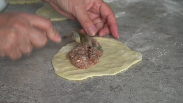 cooking chebureks at home. delicious dish of meat and dough