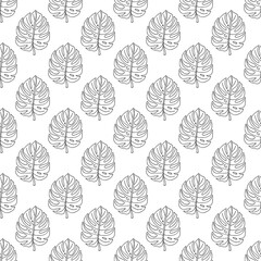 Black and white seamless pattern with tropical monstera leaves. Hand drawing flowers vector illustrarion. Floral doodle background.