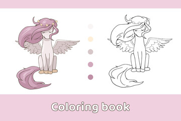 Cute cartoon pegasus sitting with eyes closed. White and black vector illustrations for coloring book with sample.