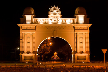 The historic Arch of Victory (built 1920) in Ballarat, Victoria, Australia, at night.