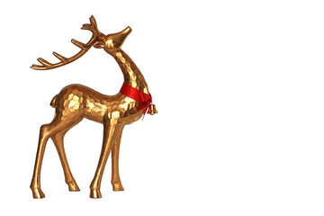 Fototapeta na wymiar Shiny gold reindeer ornament with red ribbon and bell, with copy space, on white.