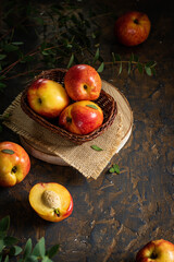 Beautiful juicy nectarines. Ripe farm harvest. Fragrant fruits. Fresh Juicy Organic Nectarines