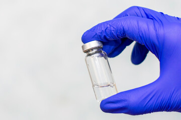 vial with the vaccine in the hands of a doctor in blue protective surgical gloves