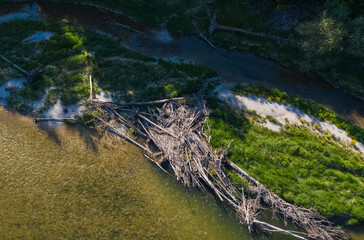Aerial view of logging industry using river to transport trunks and trees with the stream. Isar river drone image from above.